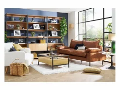 Best Miliboo Sofá de 3 plazas en piel con aspecto envejecido marrón coñac y metal negro DORY Marru00f3n