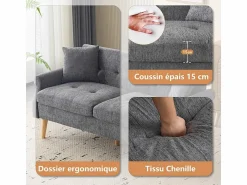 Online DripeX Sofá de 2 plazas en tejido Chenille - con 2 almohadas - reposabrazos acolchados - 20 cm pies de madera sólida -162x74x77cm Gris