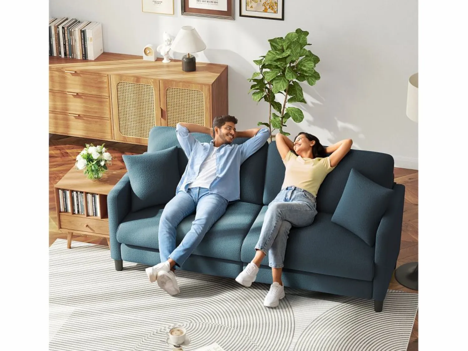 Sale DripeX Sofá de 3 plazas en terciopelo de Teddy, sofá de confort correcta en madera sólida, loveseat con reposabrazos, 193x79x89cm, -gris Azul