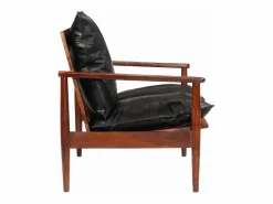 New Clicnbuy Sofá de 2 plazas madera maciza acacia y cuero auténtico Negro