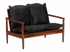 New Clicnbuy Sofá de 2 plazas madera maciza acacia y cuero auténtico Negro