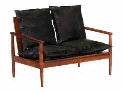 New Clicnbuy Sofá de 2 plazas madera maciza acacia y cuero auténtico Negro