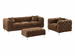 Online Vente-unique Sofá de 3 plazas, sillón y cheslón chéster de microfibra con aspecto de cuero envejecido EDWINA Marru00f3n