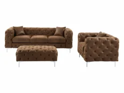 Online Vente-unique Sofá de 3 plazas, sillón y cheslón chéster de microfibra con aspecto de cuero envejecido EDWINA Marru00f3n