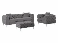 Outlet Sofá de 3 plazas, sillón y puf chéster de terciopelo antracita EDWINA Conjunto Sofá Y Sillón