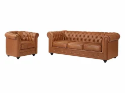 Outlet Sofá de 3 plazas y sillón de piel de vaca color CHESTERFIELD Conjunto Sofá Y Sillón