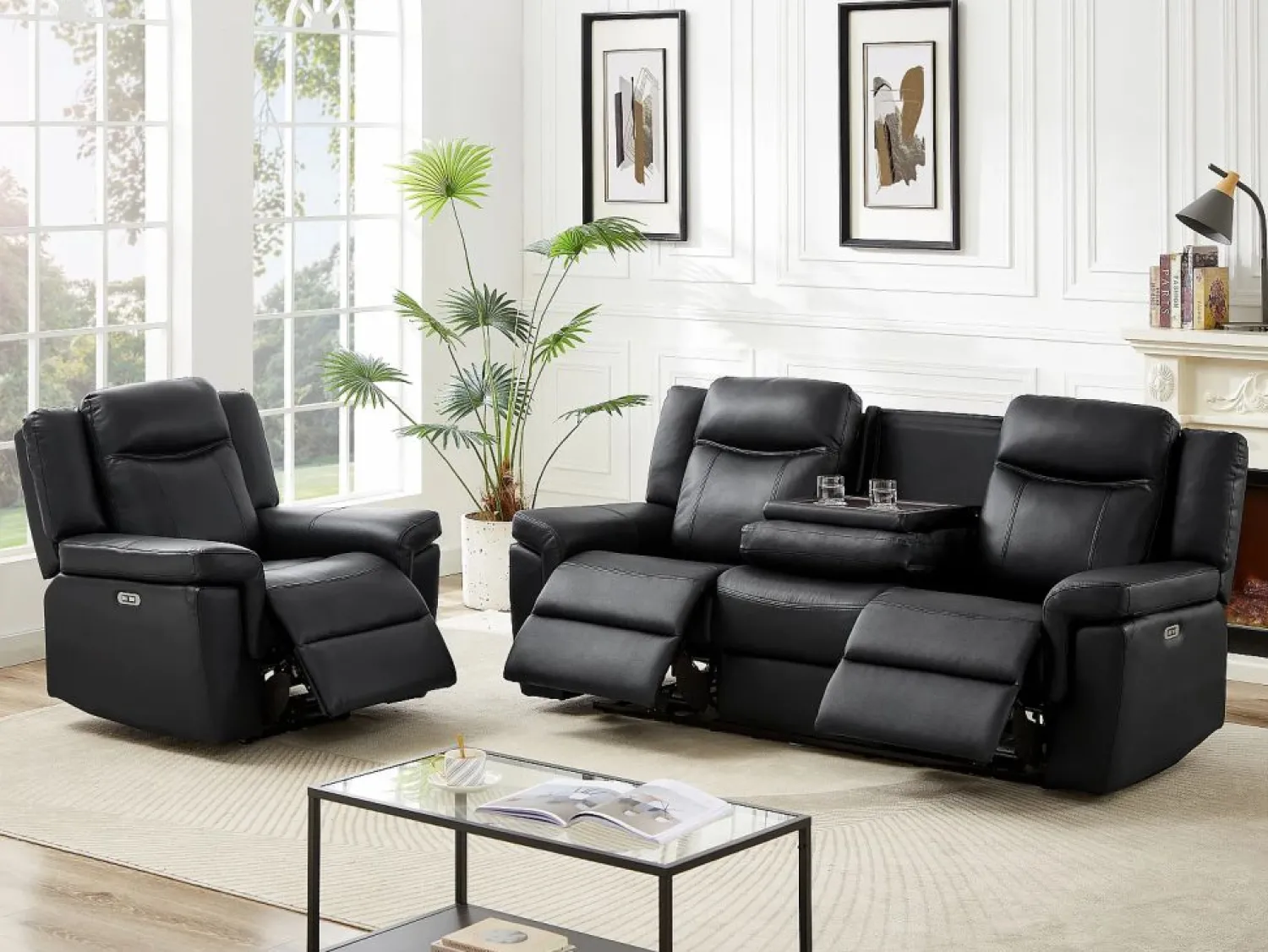 Vente-unique Sofá de 3 plazas y sillón relax eléctrico de piel KENNETH