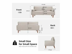 DripeX Sofá de 3 salones en tela de lino - escandinavo - con 2 almohadas y reposabrazos - pies de madera sólida - 173x77x84cm