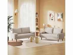DripeX Sofá de 3 salones en tela de lino - escandinavo - con 2 almohadas y reposabrazos - pies de madera sólida - 173x77x84cm
