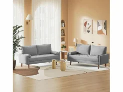 Online DripeX Sofá de 3 salones en tela de lino - escandinavo - con 2 almohadas y reposabrazos - pies de madera sólida - 173x77x84cm Gris