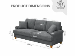 Sale DripeX Sofá de comodidad de 3 salones, tela de oruga, con reposabrazos, cojines y 2 almohadas, carga máxima 365 kg - 220x76x86 cm Gris