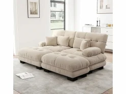 Hot Sofá de dos plazas en chenilla,dos cojines lumbares y dos cojines decorativos,reposabrazos anchos y dos reposapiés, tapizado en tela . Conjunto Sofás