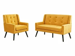 Online Hauss Spole Sofá de dos plazas y sillones en tejido de lino - Juego de 2 con patas de madera Amarillo