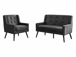 Hauss Spole Sofá de dos plazas y sillones en tejido de lino oscuro - Juego de 2 con patas de madera