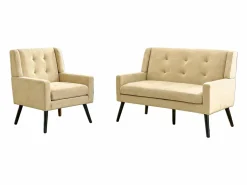 Best Hauss Spole Sofá de dos plazas y sillones en tejido de lino - Conjunto de 2 con patas de madera Beige
