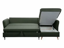 Miliboo Sofá de esquina convertible reversible con baúl 3-4 plazas en tela verde y madera clara DRISS