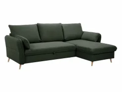 Miliboo Sofá de esquina convertible reversible con baúl 3-4 plazas en tela verde y madera clara DRISS