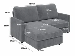 Online Sofá de esquina de 2 salas - ángulo reversible derecho / izquierda - 180x140x86cm - en tela de terciopelo acanalado - carga máxima de 300 kg - Sofá - 2 Plazas|Sofá De Tela