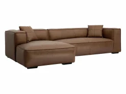 Clearance Sofá de esquina izquierda vintage de 3-4 plazas en cuero marrón y madera negra COBAIN Sofá De Piel