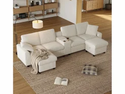 Sale Sofá de esquina moderno en forma de U - con USB y Type-C - con 2 reposapiés con almacenamiento - con 2 portavasos - pana acanalada - Sofá - 4 Plazas