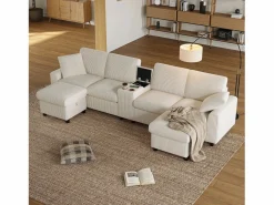 Sale Sofá de esquina moderno en forma de U - con USB y Type-C - con 2 reposapiés con almacenamiento - con 2 portavasos - pana acanalada - Sofá - 4 Plazas