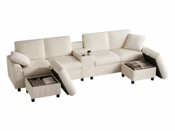 Sale Sofá de esquina moderno en forma de U - con USB y Type-C - con 2 reposapiés con almacenamiento - con 2 portavasos - pana acanalada - Sofá - 4 Plazas