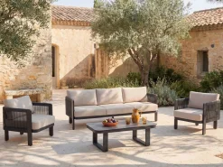 Outlet Sofá de jardín de 3 plazas de aluminio y cuerda - con cojines beige - HELYSI de Salones De Jardín