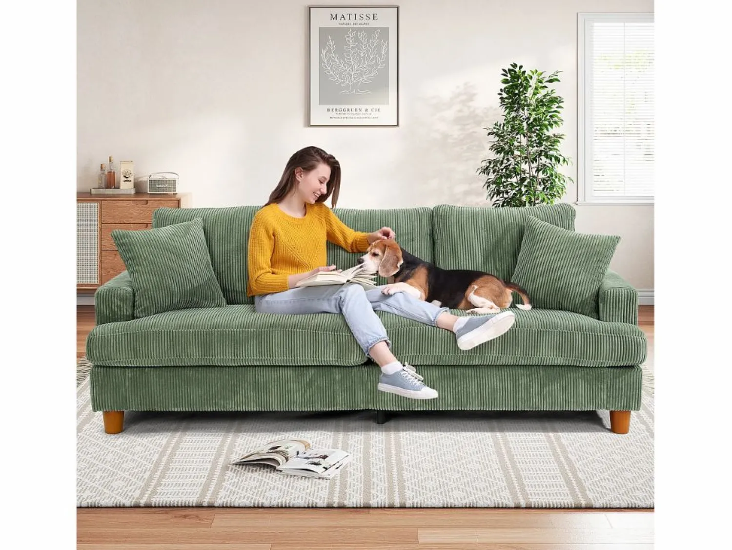 DripeX Sofá de terciopelo acanalado de 3 salones, sofá derecha acolchado moderno grande con asientos profundos adicionales de 53 cm - 2 cojines - 220x76x84cm -