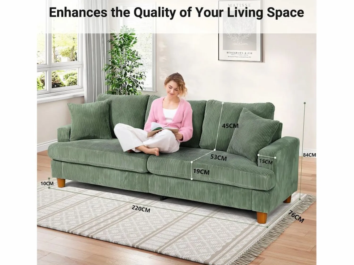 DripeX Sofá de terciopelo acanalado de 3 salones, sofá derecha acolchado moderno grande con asientos profundos adicionales de 53 cm - 2 cojines - 220x76x84cm -