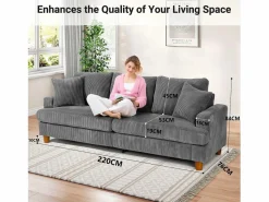 DripeX Sofá de terciopelo acanalado de 3 salones, sofá derecha acolchado moderno grande con asientos profundos adicionales de 53 cm - 2 cojines - 220x76x84cm -