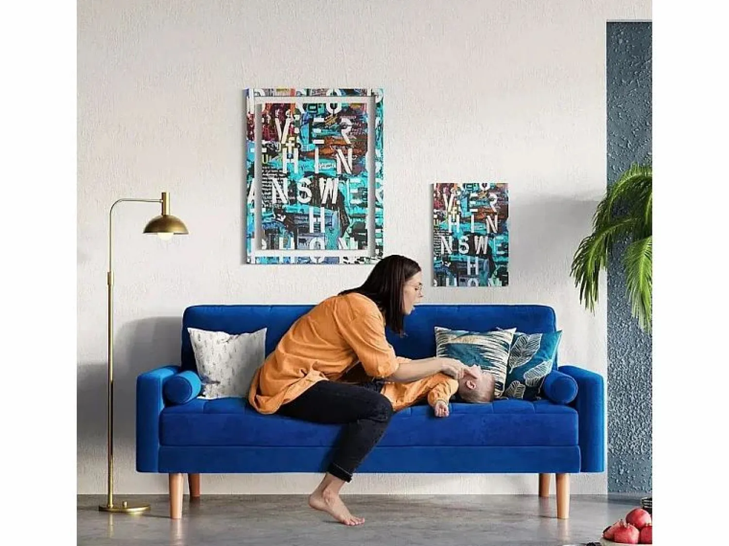 Clearance DripeX Sofá de terciopelo de 2 asientos, sofá mini dormitorio con reposabrazos, pies de madera cónicos, sofá fijado un respaldo bajo Azul