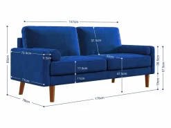 Sale DripeX Sofá de terciopelo derecho y madera maciza - 3 lugares - carga máxima 300 kg - 176x78x85cm Azul