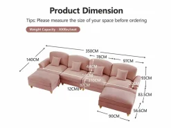 DripeX Sofá Esquina Modular 4 Plazas en U - Chenille - Funda Extraíble y 2 Pufs - 350x140x93cm - Rosa