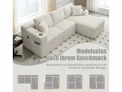 DripeX Sofá Esquinero Modular 3 Plazas, de Pana, con Portavasos, Cojines y Bolsillos Laterales, Chaise Longue 118cm,