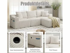 DripeX Sofá Esquinero Modular 3 Plazas, de Pana, con Portavasos, Cojines y Bolsillos Laterales, Chaise Longue 118cm,