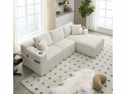 DripeX Sofá Esquinero Modular 3 Plazas, de Pana, con Portavasos, Cojines y Bolsillos Laterales, Chaise Longue 118cm,
