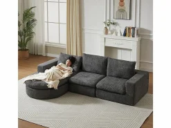 Discount Sofá Esquinero Modular 3 Plazas, con Chaise Longue Curva Reversible, 3 Cojines y Almohadas Cervicales, Tejido Chenilla, Sofá Modular|Sofás Club