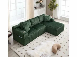 DripeX Sofá Esquinero Modular 3 Plazas, de Pana, con Portavasos, Cojines y Bolsillos Laterales, Chaise Longue 118cm,
