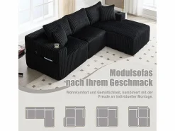 New Sofá Esquinero Modular 3 Plazas, de Pana, con Portavasos, Cojines y Bolsillos Laterales, Chaise Longue 118cm, Sofás Club