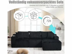 New Sofá Esquinero Modular 3 Plazas, de Pana, con Portavasos, Cojines y Bolsillos Laterales, Chaise Longue 118cm, Sofás Club
