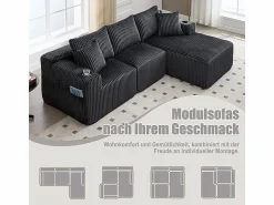 Online DripeX Sofá Esquinero Modular 3 Plazas, de Pana, con Portavasos, Cojines y Bolsillos Laterales, Chaise Longue 118cm, Gris