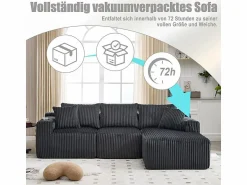 Online DripeX Sofá Esquinero Modular 3 Plazas, de Pana, con Portavasos, Cojines y Bolsillos Laterales, Chaise Longue 118cm, Gris