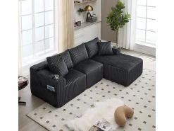 Online DripeX Sofá Esquinero Modular 3 Plazas, de Pana, con Portavasos, Cojines y Bolsillos Laterales, Chaise Longue 118cm, Gris