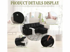Sale Sofá esquinero modular convertible - 3 plazas con almacenaje - Incluye cojines y bolsillo lateral - 2 en 1 (día/noche) Negro
