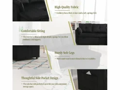 Sale Sofá esquinero modular convertible - 3 plazas con almacenaje - Incluye cojines y bolsillo lateral - 2 en 1 (día/noche) Negro