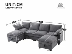 Clearance Sofá moderno - 4 plazas - Reposapiés extraíble - Puertos USB - Compartimentos de almacenamiento + Portavasos - ​​​ Sofá - 4 Plazas