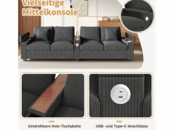 Merax Sofá moderno de 4 plazas - 299 x 80 x 82,7 cm - con puerto USB, reposabrazos abatible y almacenamiento oculto - terciopelo -