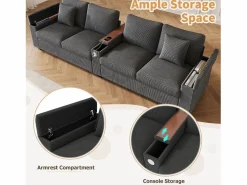 Merax Sofá moderno de 4 plazas - 299 x 80 x 82,7 cm - con puerto USB, reposabrazos abatible y almacenamiento oculto - terciopelo -