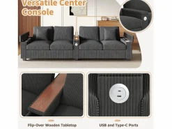 Merax Sofá moderno de 4 plazas - 299 x 80 x 82,7 cm - con puerto USB, reposabrazos abatible y almacenamiento oculto - terciopelo -