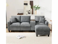 Merax Sofá moderno de 4 plazas con reposapiés con almacenaje, 2 portavasos y puerto USB. Medidas: 229 x 149,5 x 83 cm. Tapizado en terciopelo . Gris